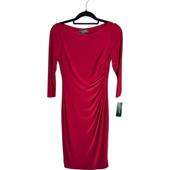 NWT Ralph Lauren Dress Womens Red 3/4 Sleeve Back Zip Knee Length Lined size 2 - Picture 1 of 11